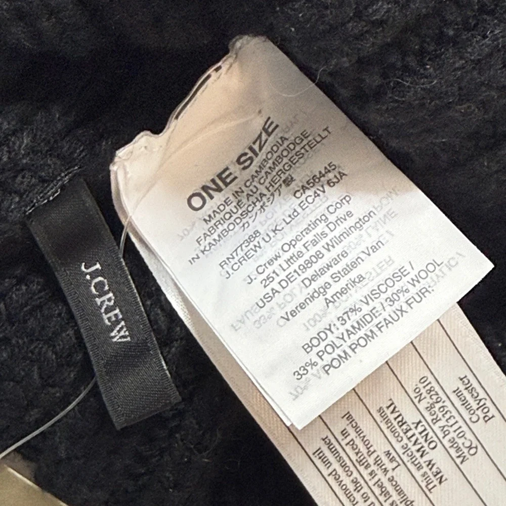 J. Crew NEW Black Wool Blend Knit Beanie with Faux Fur Pom-Pom OS ski snow bunny